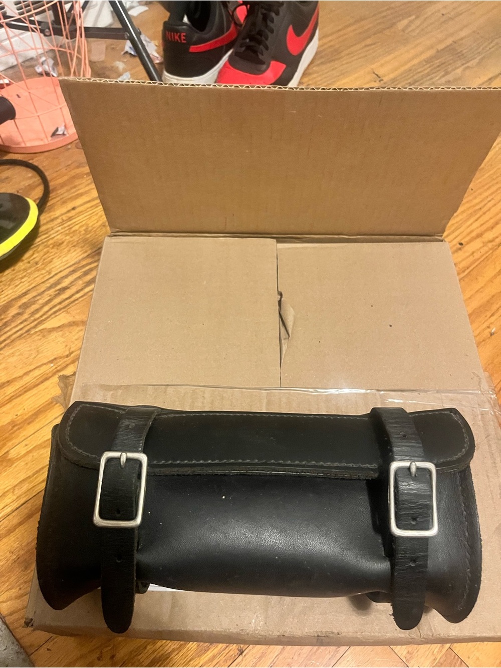 Men's Black Leather Handlebar Tool Pouch - Classic Buckle Closure